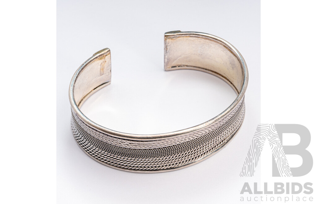 Sterling Silver Unisex Patterned Open Cuff Style Bangle, 69mm, 40.29 Grams
