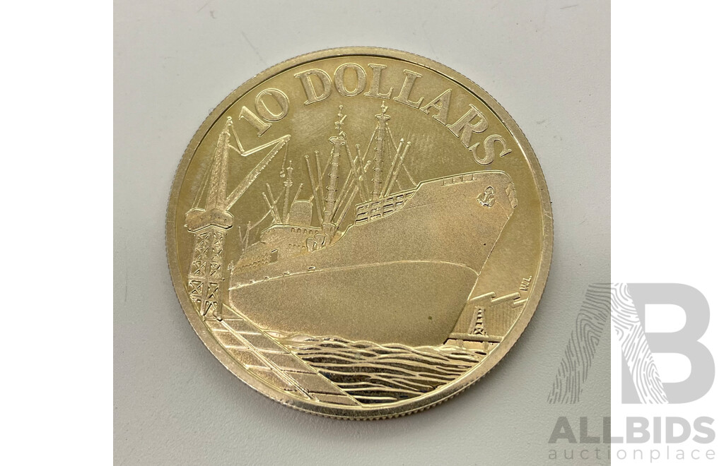 Singapore 1976 Silver Ten Dollar Coin, Freighter Beside Wharf.500