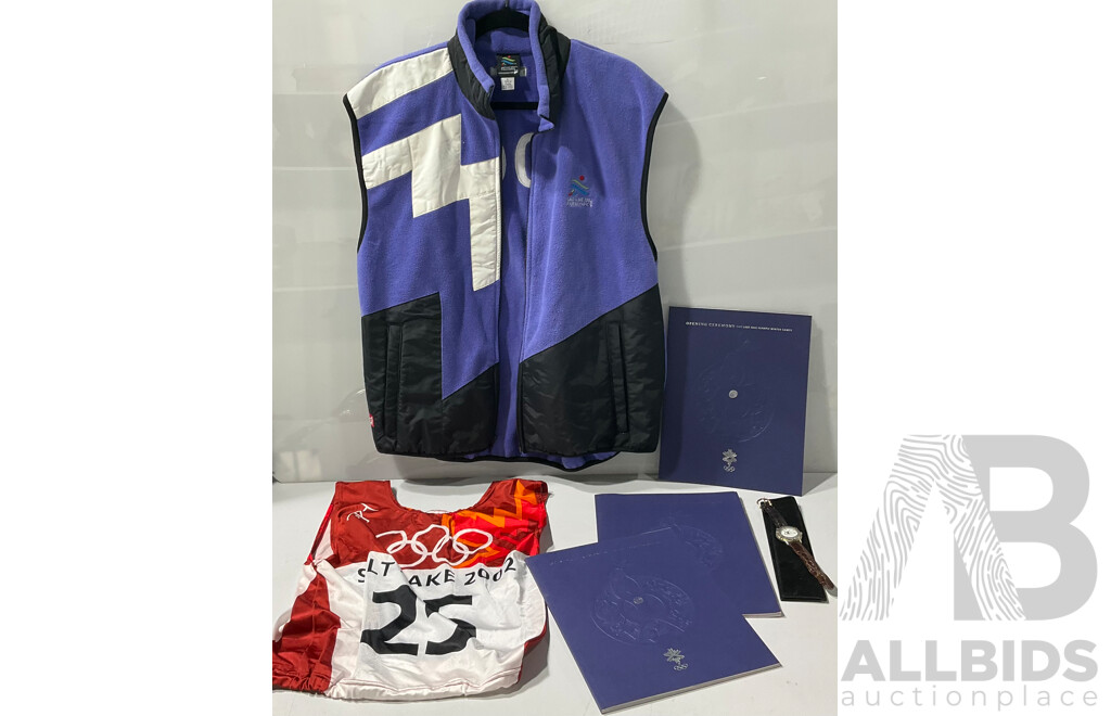 Salt Lake 2002 Paralympics Fleece Vest and Watch, Alongside Olympic Starting Bib, and Three Copies of the Opening Ceremony Booklet 2002 Salt Lake Olympic Winter Games