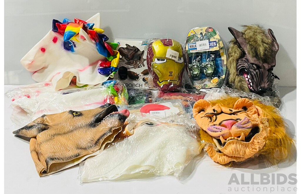 Large Quantity of Novelty Face Masks and Other Items, Including Three Unicorns, Two Lions, Two Werewolves, a Dog, a Deer and More