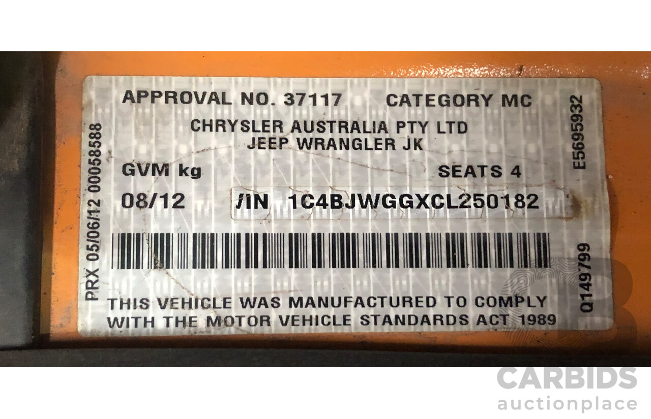 08/2012 Jeep Wrangler Sport (4x4) JK MY12 2d Softtop Dozer Orange V6 3.6L