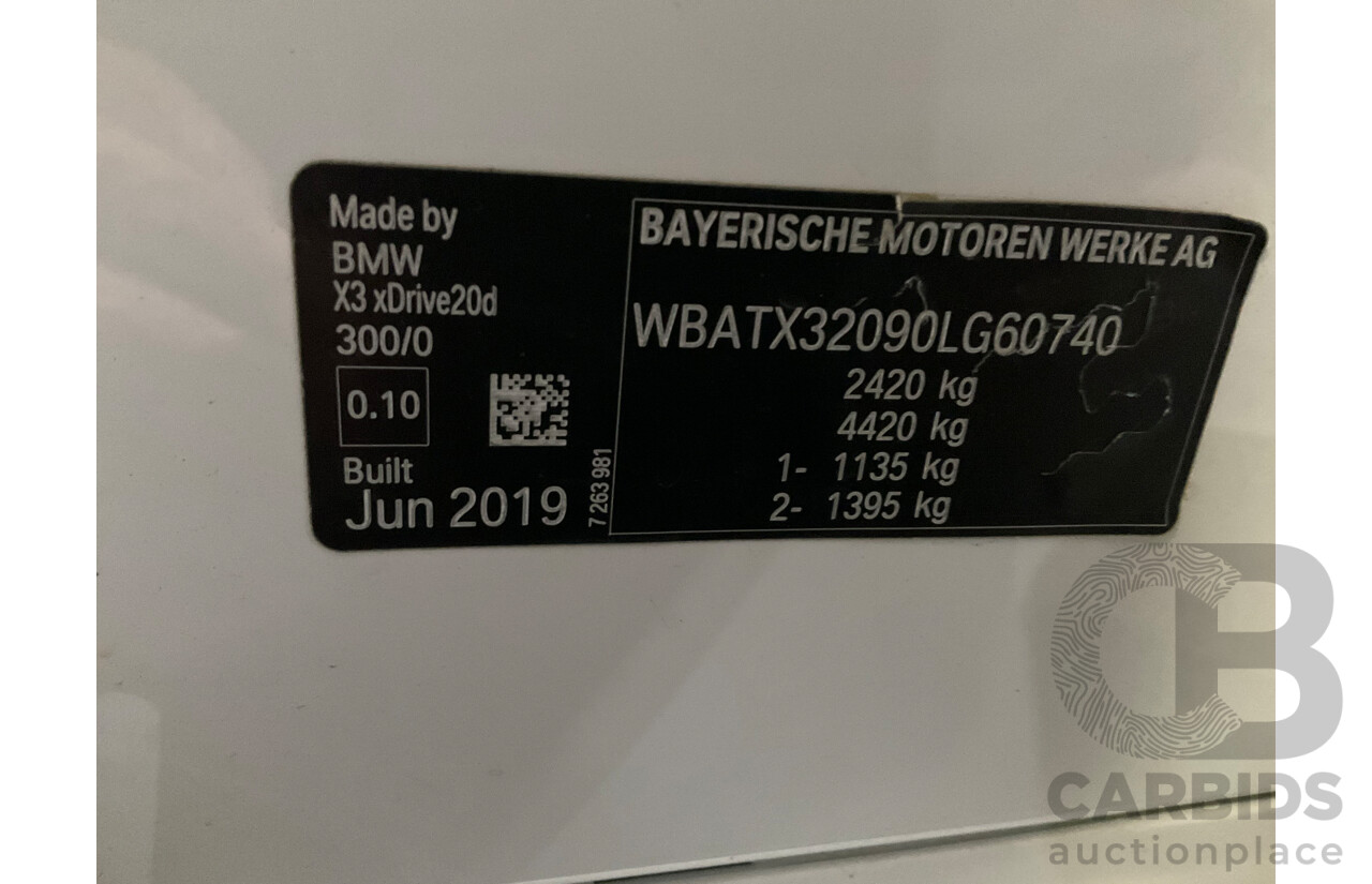 08/2019 BMW X3 Xdrive 20d (AWD) M-Sport Pack G01 4d Wagon White Turbo Diesel 2.0L