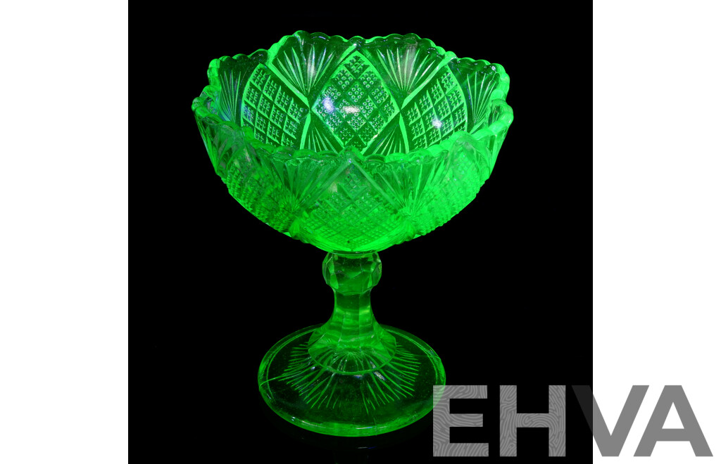 Antique German Fenne Amanda Series Uranium Glass Comport, Circa 1905