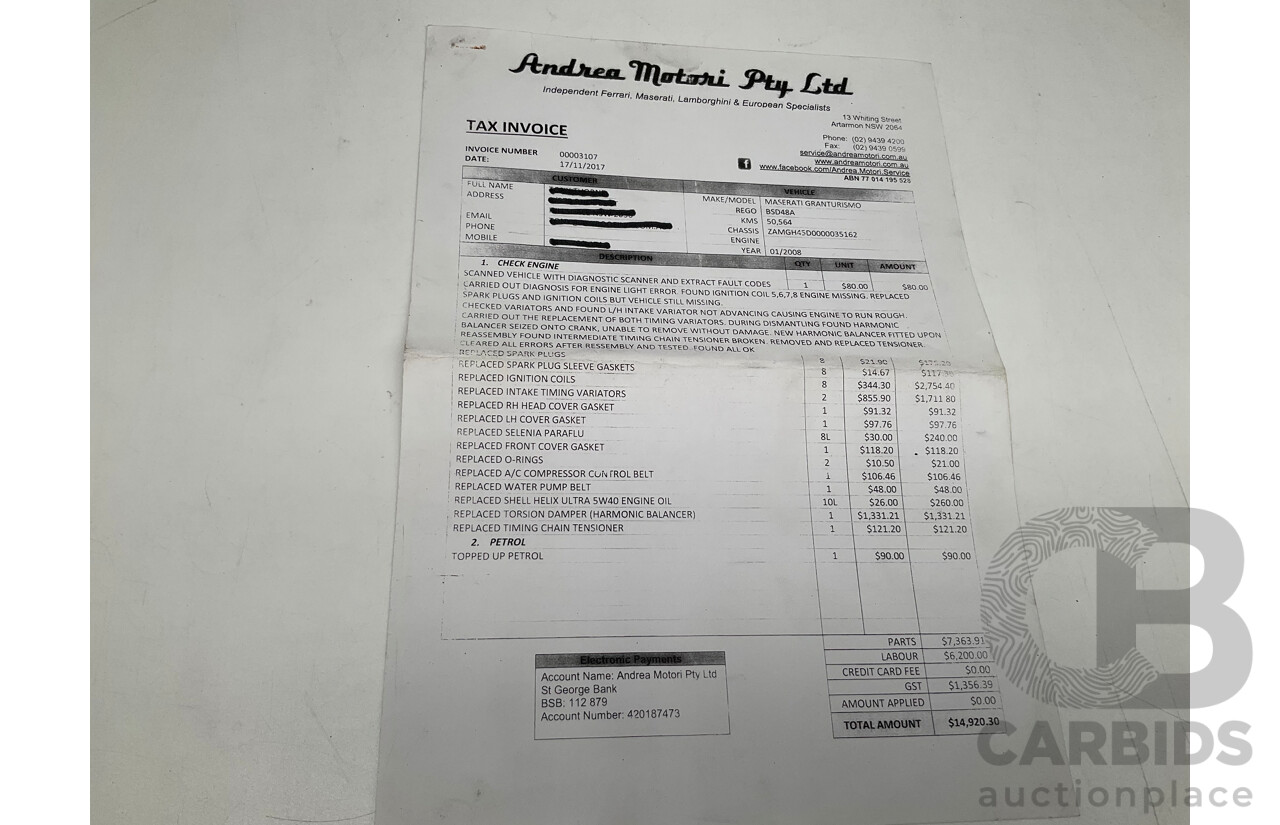 1/2008 Maserati Granturismo 2d Coupe Metallic Black V8 4.2L