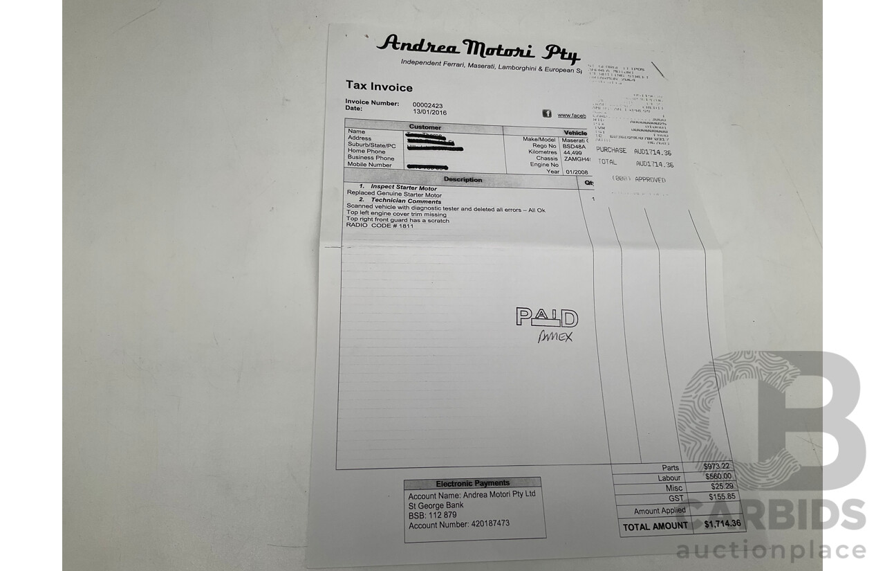 1/2008 Maserati Granturismo 2d Coupe Metallic Black V8 4.2L