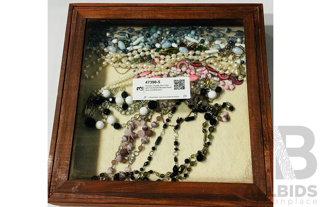 Wooden Display Box Filled with Handmade Beaded Necklaces and Bracelets