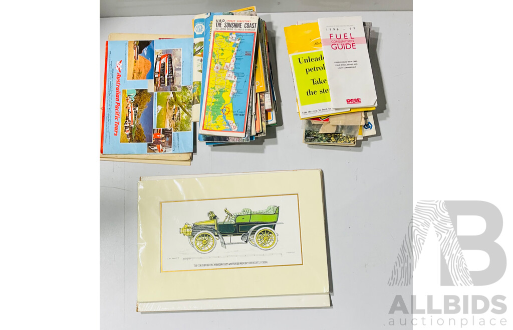 Collection of Vintage Auto Memorabilia Including Brochures, Road Maps, Art and More