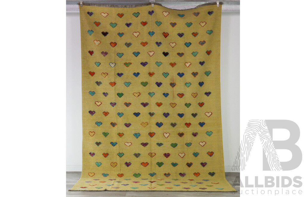 Hand Woven Persian Wool Kilim with Raised Pile Heart Motif