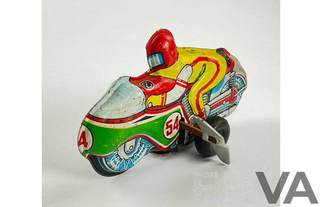 Vintage Pressed Steel Motorcycle with Wind Up Motor, Made in Japan