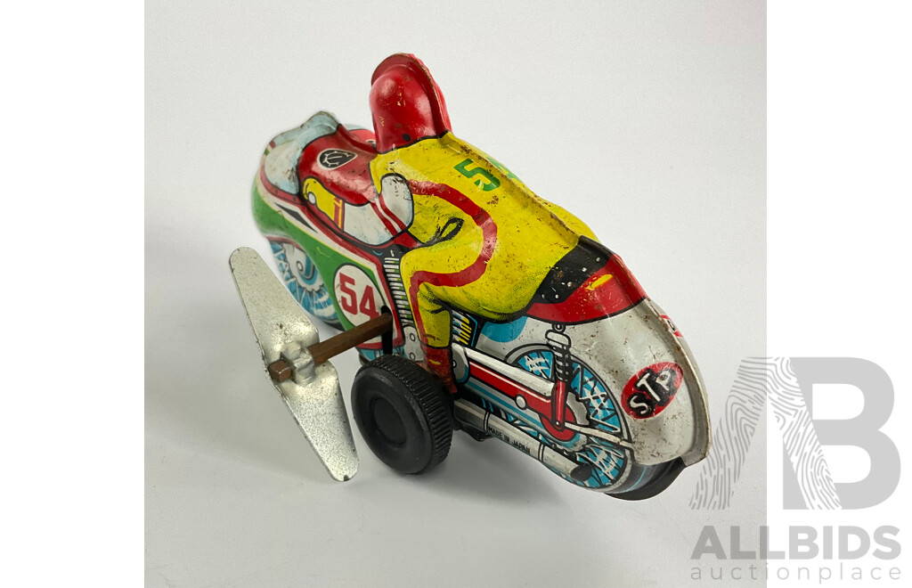 Vintage Pressed Steel Motorcycle with Wind Up Motor, Made in Japan