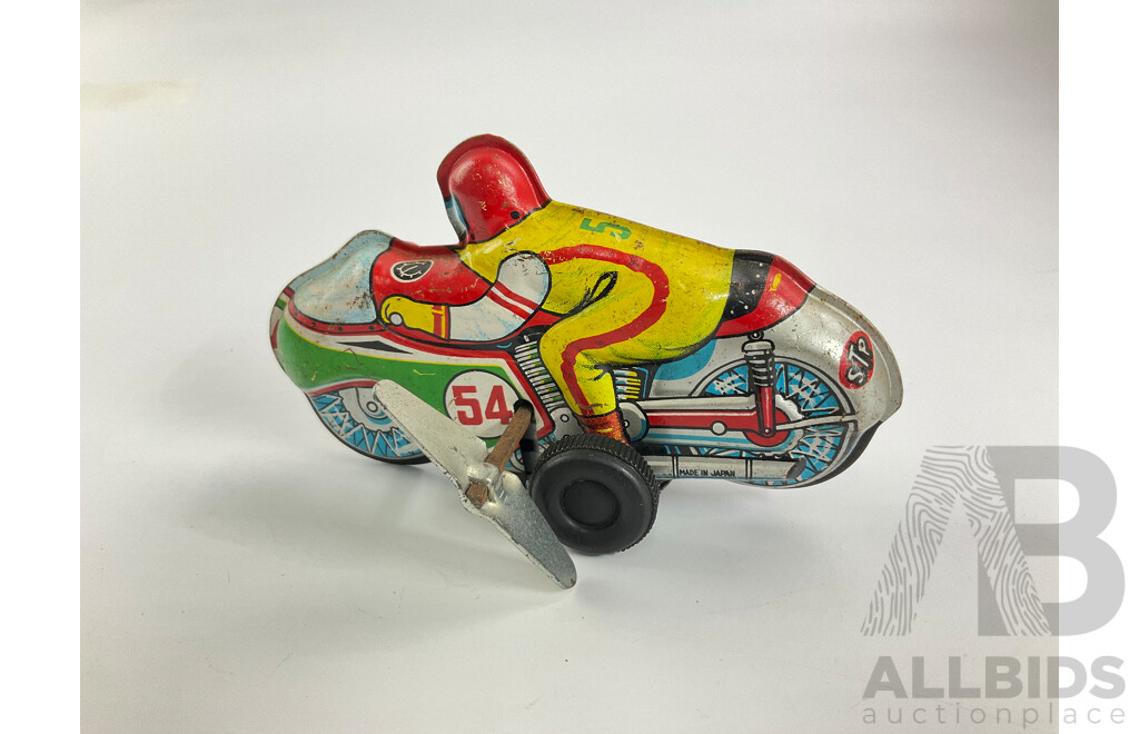 Vintage Pressed Steel Motorcycle with Wind Up Motor, Made in Japan