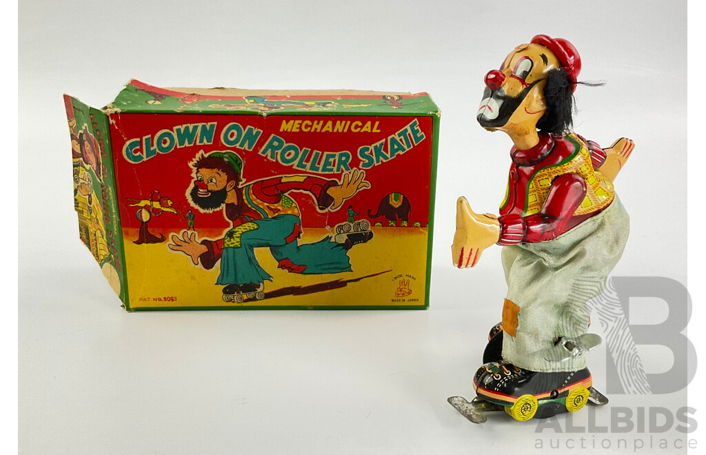 Vintage T.P.S Mechanicle Clown on Roller Skates with Original Box, Made in Japan