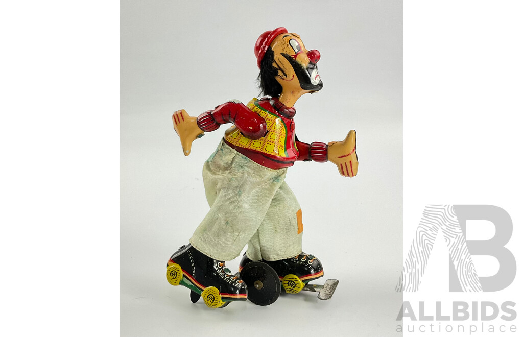 Vintage T.P.S Mechanicle Clown on Roller Skates with Original Box, Made in Japan