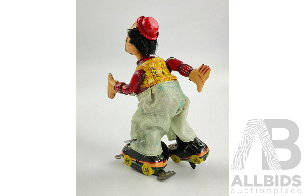 Vintage T.P.S Mechanicle Clown on Roller Skates with Original Box, Made in Japan
