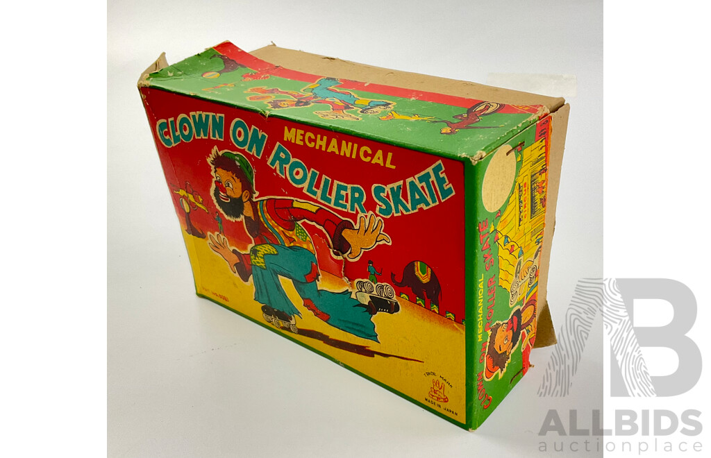 Vintage T.P.S Mechanicle Clown on Roller Skates with Original Box, Made in Japan