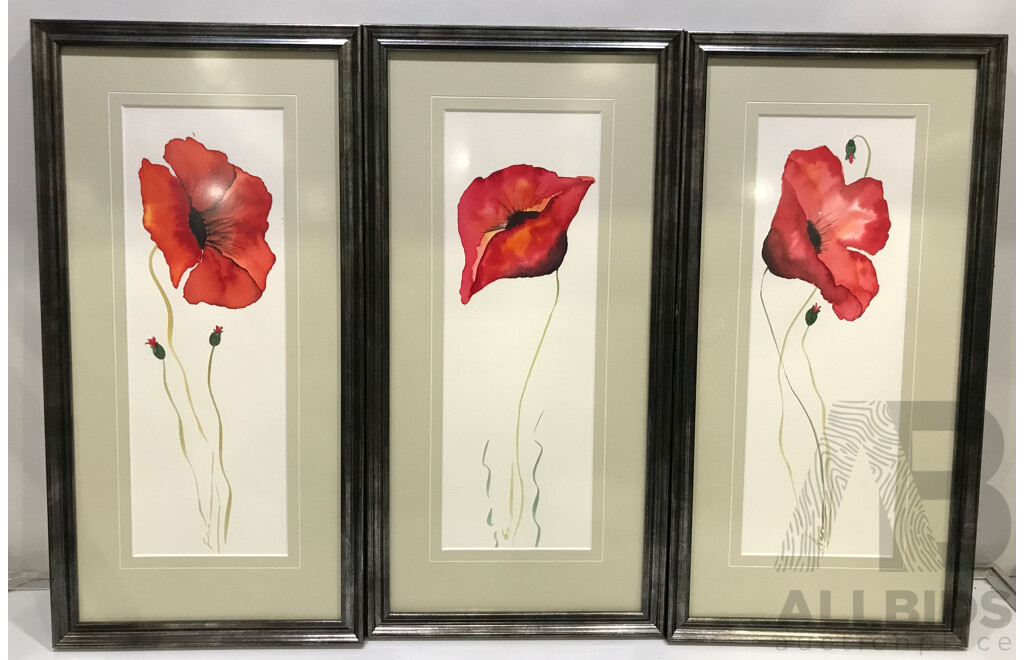 Framed Red Poppies and Buds Artwork - Lot of 3