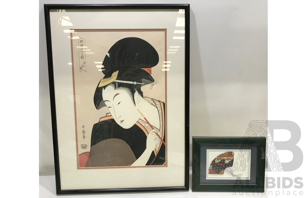 Framed Japanese Artwork Including Love by Kitagawa Utamaro and Japanese Fan - Lot of 2