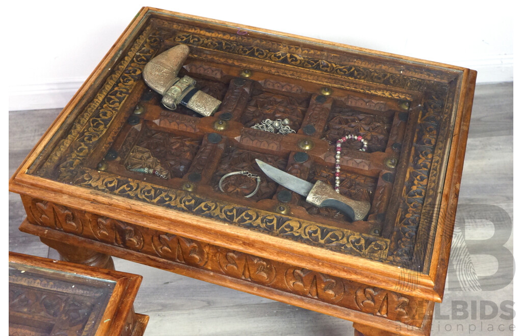 Hardwood Carved Coffee Tablke with Recessed Glass Top