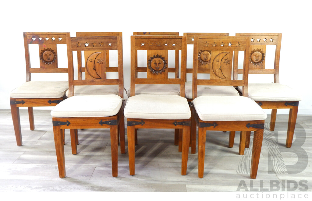 Good Set of Eight Hardwood Dining Chairs with Sun and Moon Motif