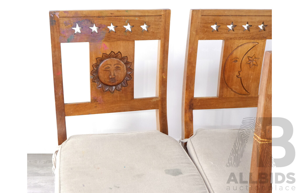 Good Set of Eight Hardwood Dining Chairs with Sun and Moon Motif