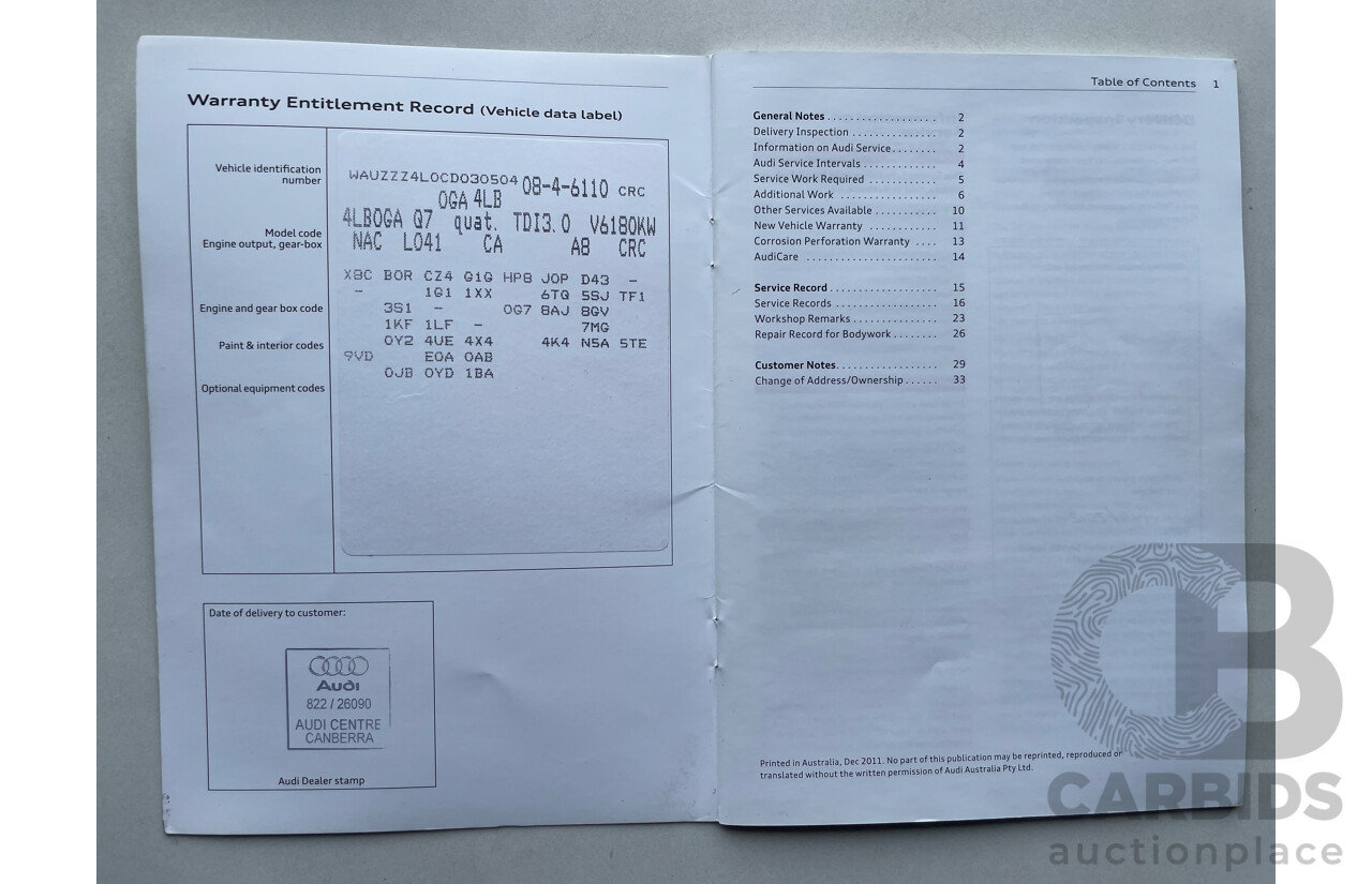 04/2012 Audi Q7 3.0 TDI QUATTRO AWD MY12 4D Wagon Black 3.0L