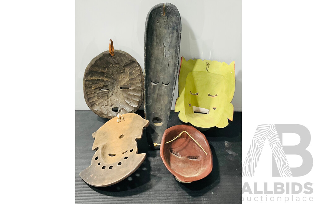 Collection Display Masks Including Balinese Wooden Monkey Example, Central American Pottery Example, African and More