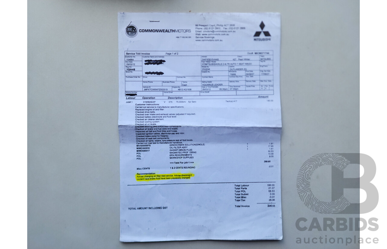 09/2007 Mitsubishi Outlander XLS 4x4 ZG 4D Wagon White 2.4L