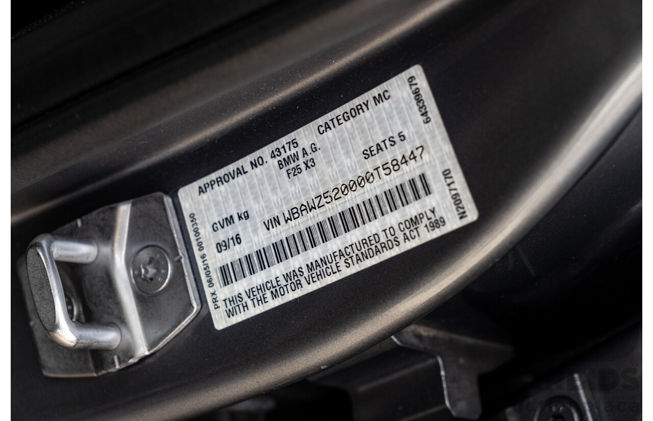 9/2016 BMW X3 X-Drive 20d LCI (AWD) F25 M-Sport Package 4d Wagon Space Grey Metallic Turbo Diesel 2.0L