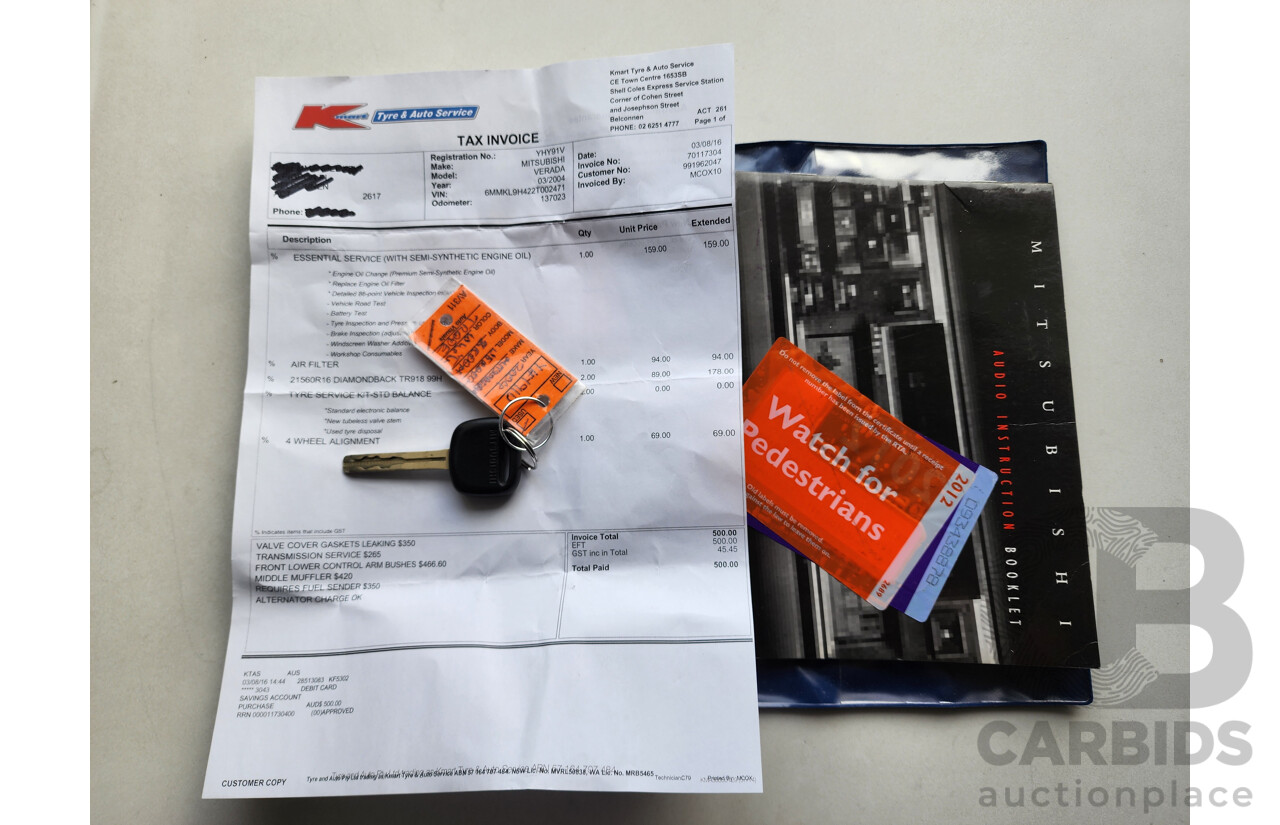 03/2004 Mitsubishi Verada Ei FWD KL 4D Sedan White 3.5L