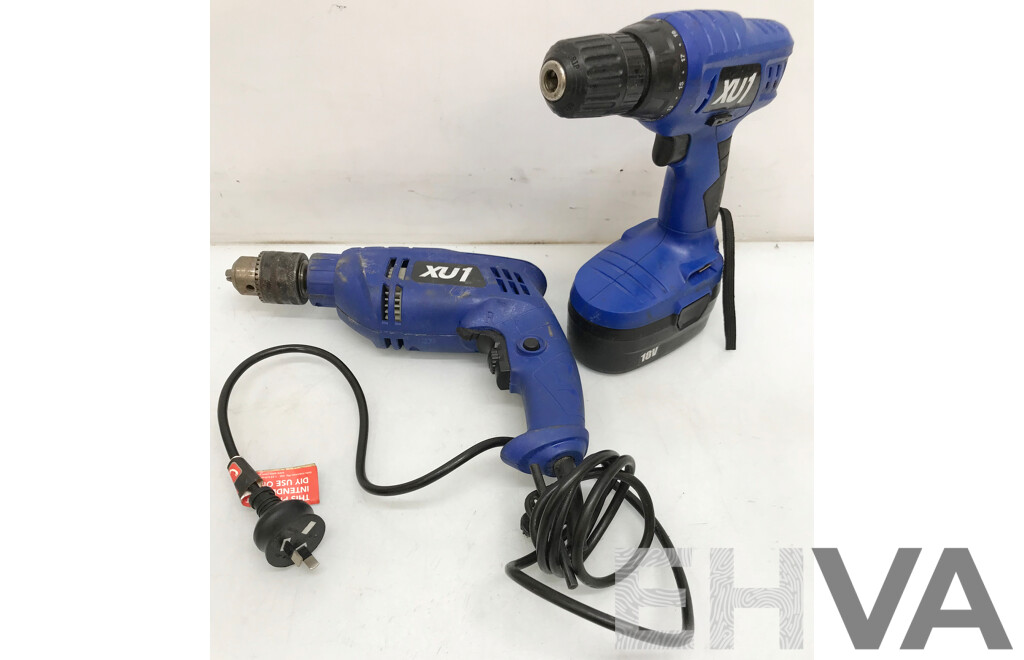 XU1 (XHD-201) Corded Hammer Drill and (XCD-018) Cordless Drill Driver - Lot of 2