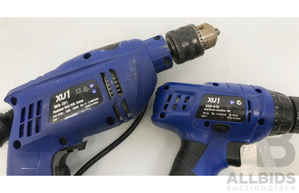 XU1 (XHD-201) Corded Hammer Drill and (XCD-018) Cordless Drill Driver - Lot of 2