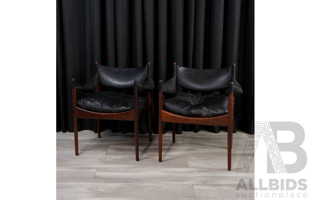 Pair of Danish Rosewood Carvers with Leather Upholstery by Kristian Vedel for Soren Willadsen