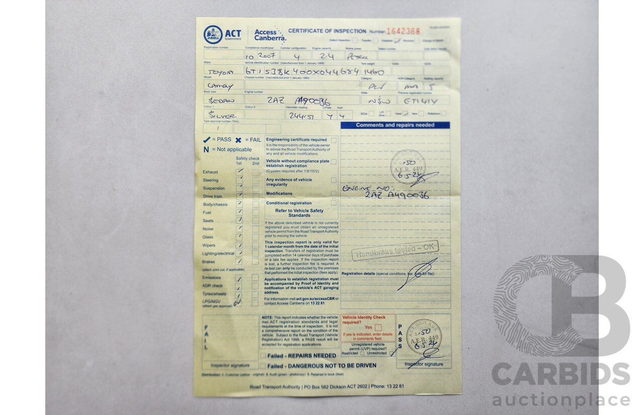 10/2007 Toyota Camry ATEVA FWD ACV40R 4D Sedan Silver 2.4L