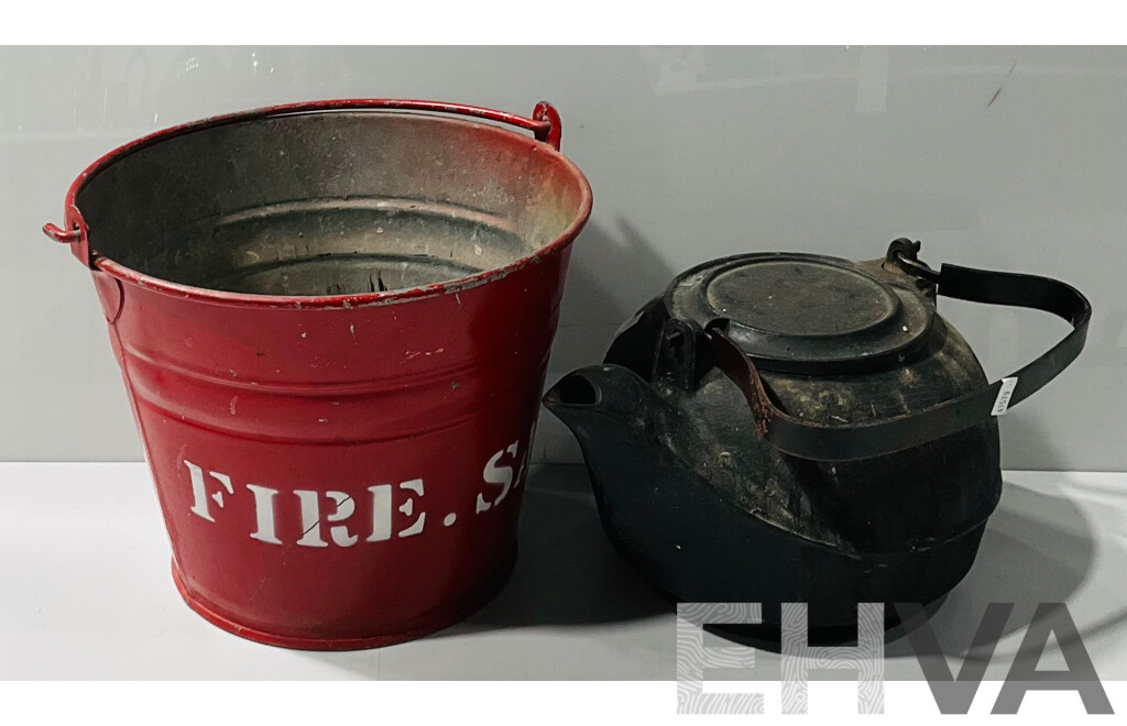 Vintage Cast Iron Kettle Alongside Fire Sand Metal Bucket