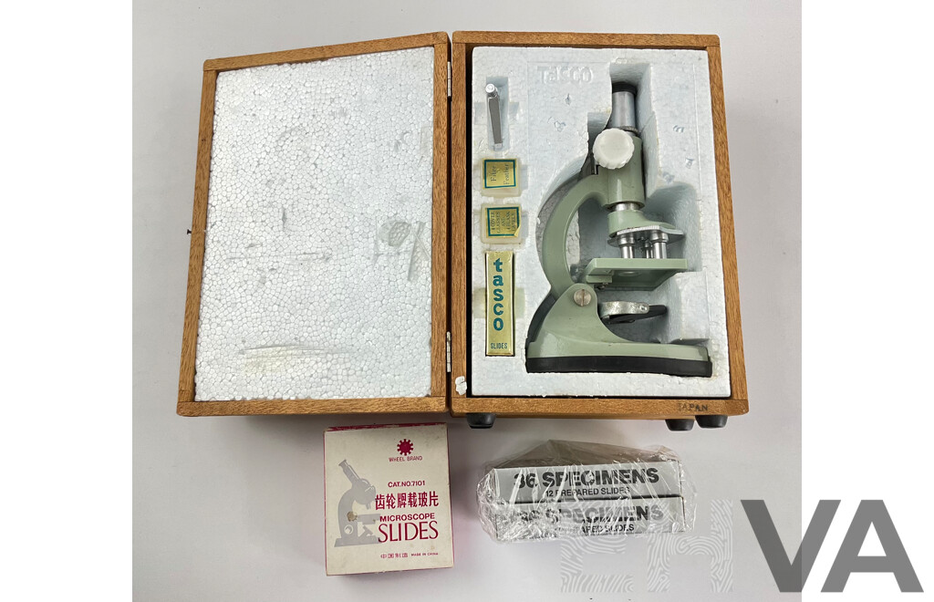 Vintage Tasco Deluxe 600x Microscope in Original Box with Spare Slides and Specimen Slides, Made in Japan