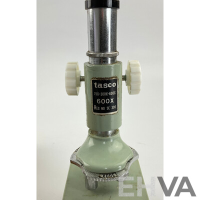 Vintage Tasco Deluxe 600x Microscope in Original Box with Spare Slides and Specimen Slides, Made in Japan