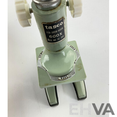 Vintage Tasco Deluxe 600x Microscope in Original Box with Spare Slides and Specimen Slides, Made in Japan