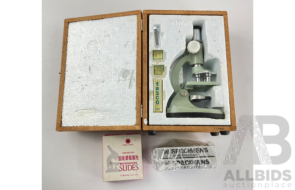 Vintage Tasco Deluxe 600x Microscope in Original Box with Spare Slides and Specimen Slides, Made in Japan