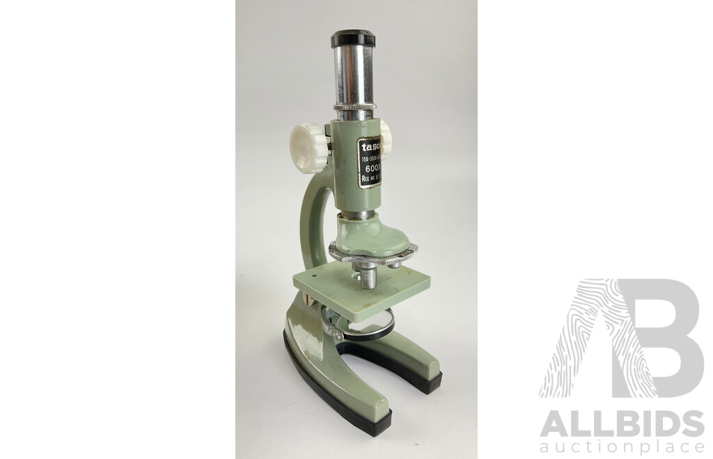 Vintage Tasco Deluxe 600x Microscope in Original Box with Spare Slides and Specimen Slides, Made in Japan