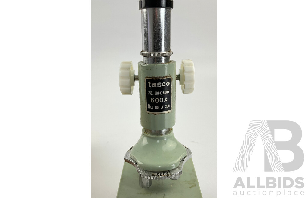 Vintage Tasco Deluxe 600x Microscope in Original Box with Spare Slides and Specimen Slides, Made in Japan