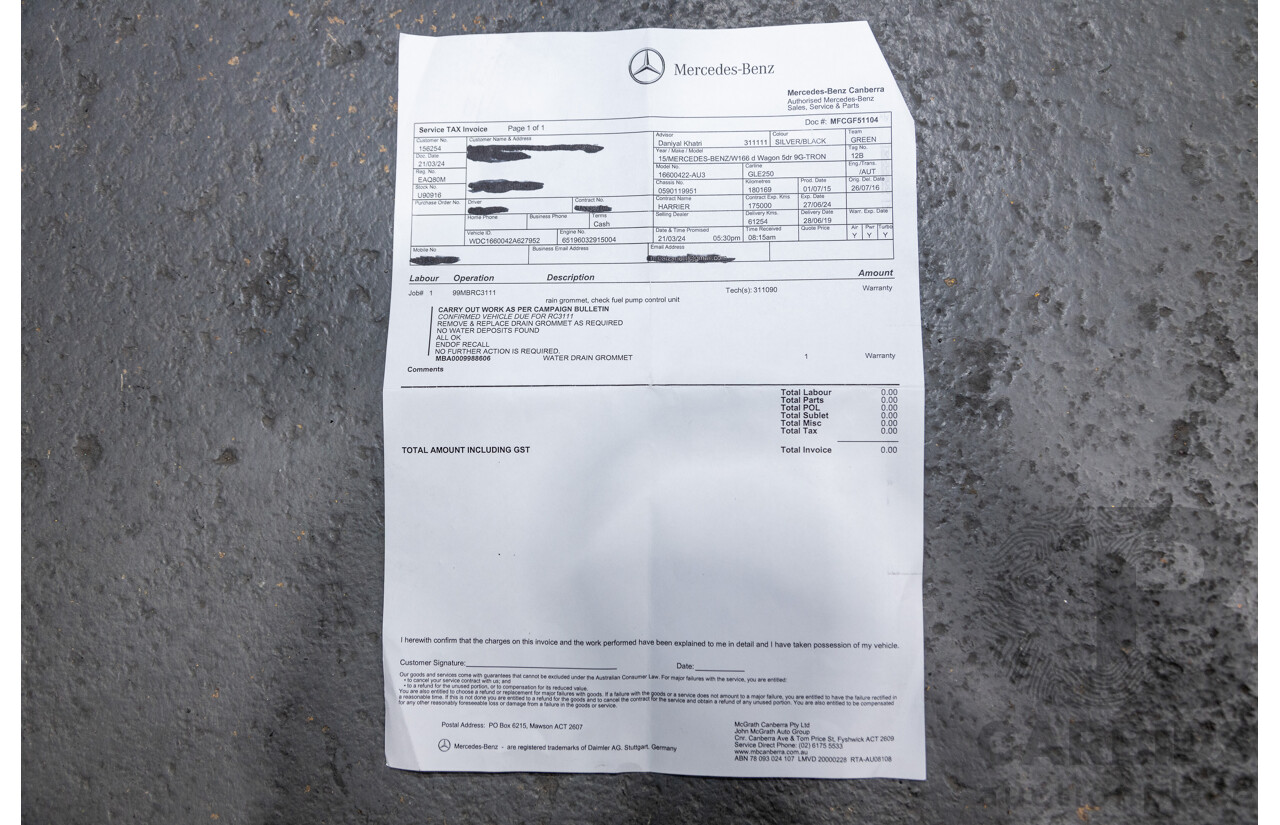 9/2015 Mercedes Benz GLE 250d (AWD) 166 AMG Package 4d Wagon Iridium Silver Metallic Turbo Diesel 2.1L