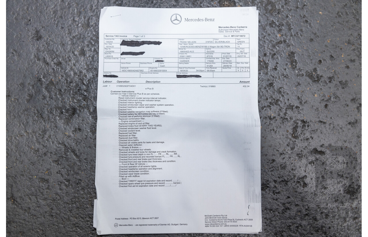 9/2015 Mercedes Benz GLE 250d (AWD) 166 AMG Package 4d Wagon Iridium Silver Metallic Turbo Diesel 2.1L