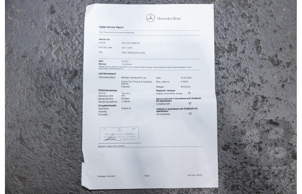 9/2015 Mercedes Benz GLE 250d (AWD) 166 AMG Package 4d Wagon Iridium Silver Metallic Turbo Diesel 2.1L