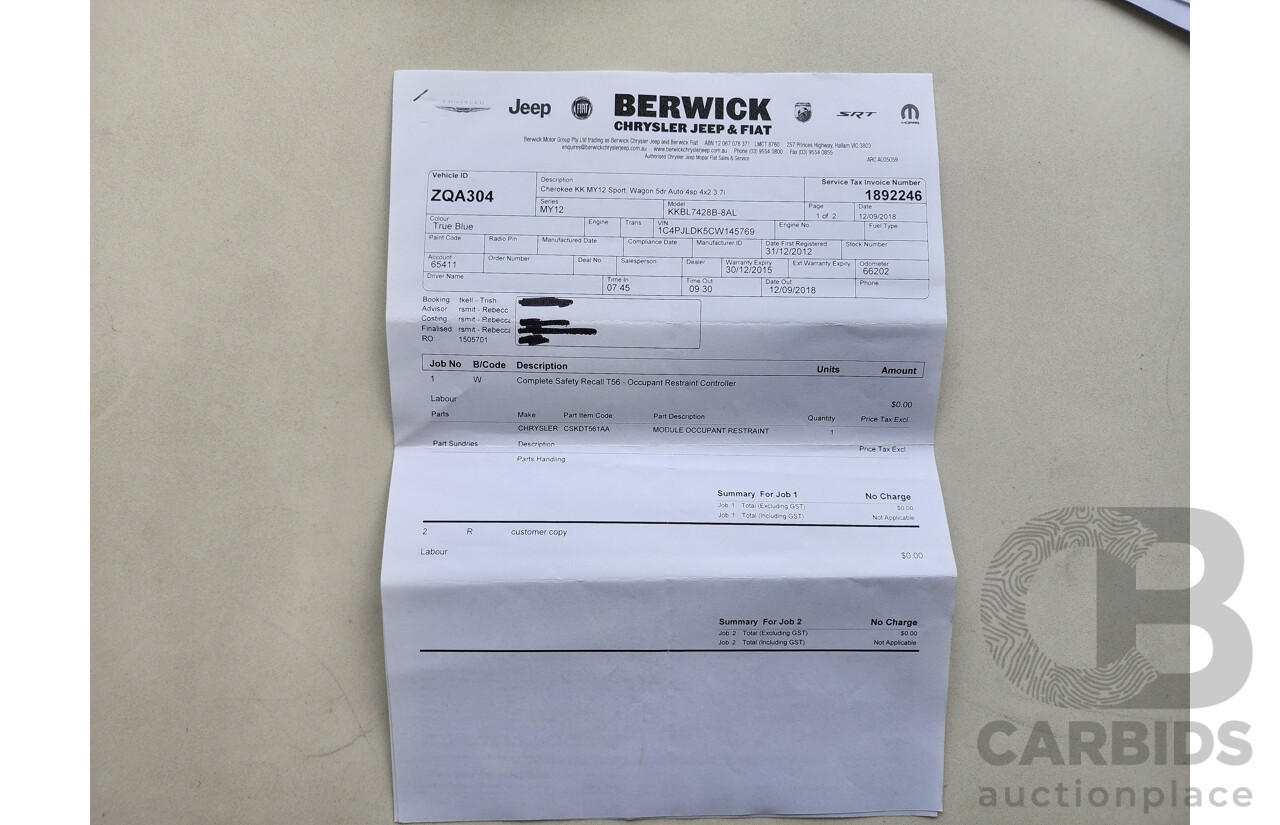 09/2012 Jeep Cherokee SPORT (4x2) RWD KK MY12 4D Wagon Blue 3.7L