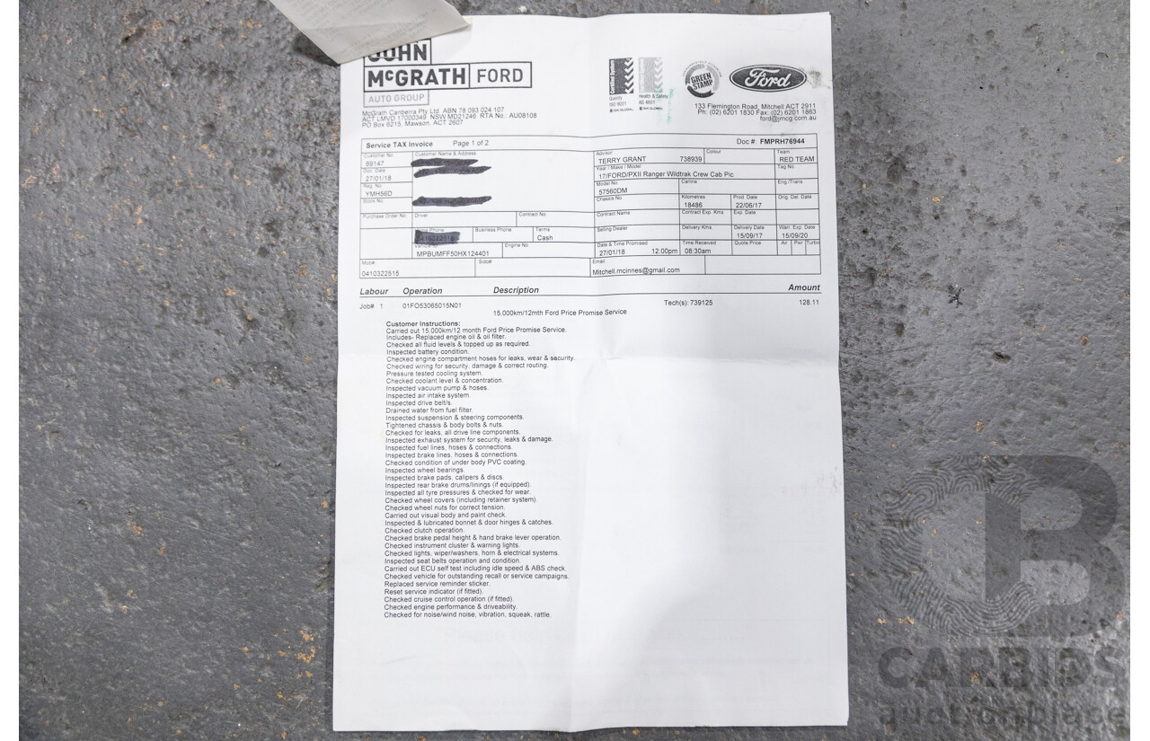 7/2017 Ford Ranger Wildtrak 3.2 (4x4) PX MKII MY17 4d Dual Cab P/Up White Turbo Diesel 3.2L