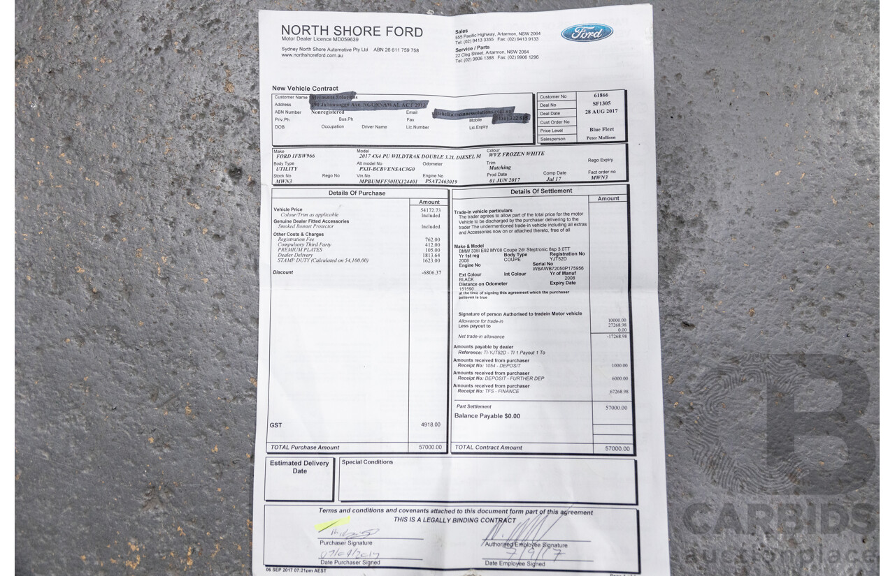 7/2017 Ford Ranger Wildtrak 3.2 (4x4) PX MKII MY17 4d Dual Cab P/Up White Turbo Diesel 3.2L