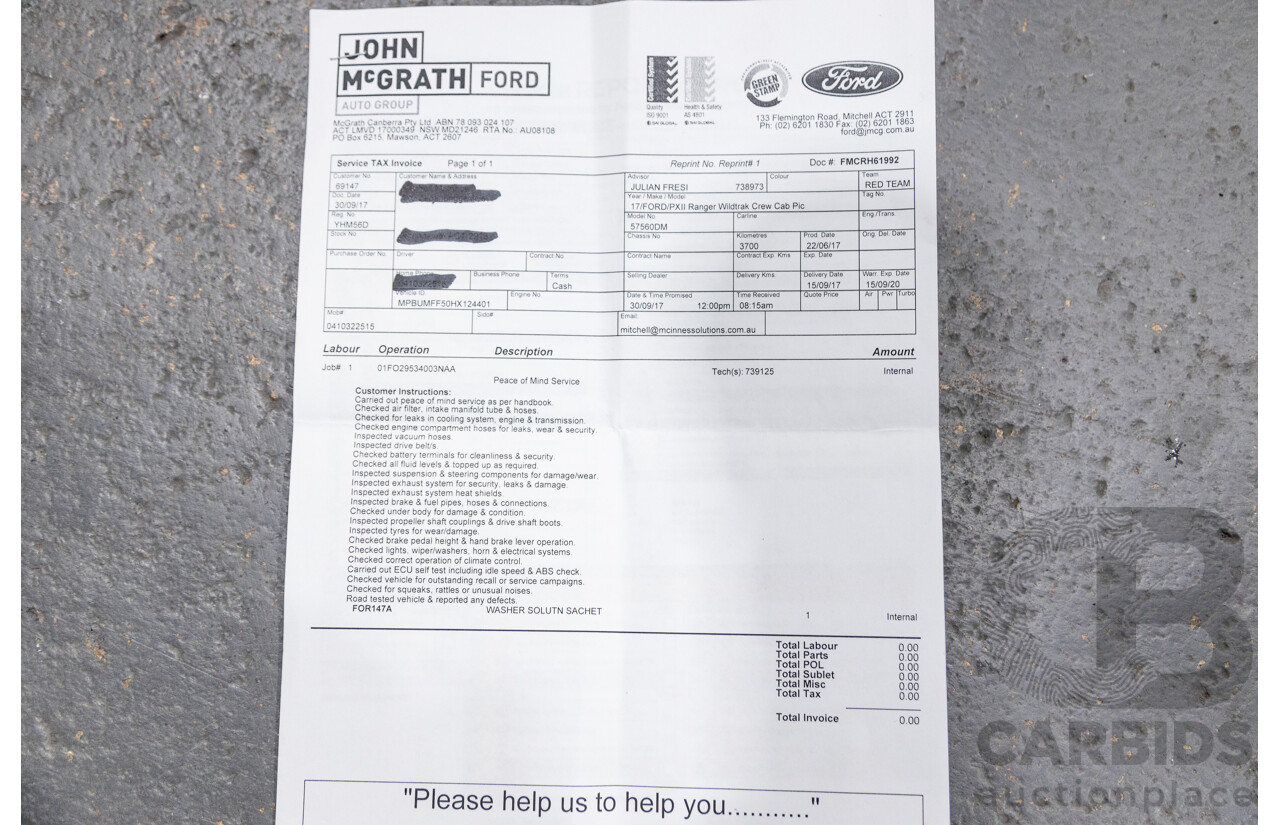 7/2017 Ford Ranger Wildtrak 3.2 (4x4) PX MKII MY17 4d Dual Cab P/Up White Turbo Diesel 3.2L