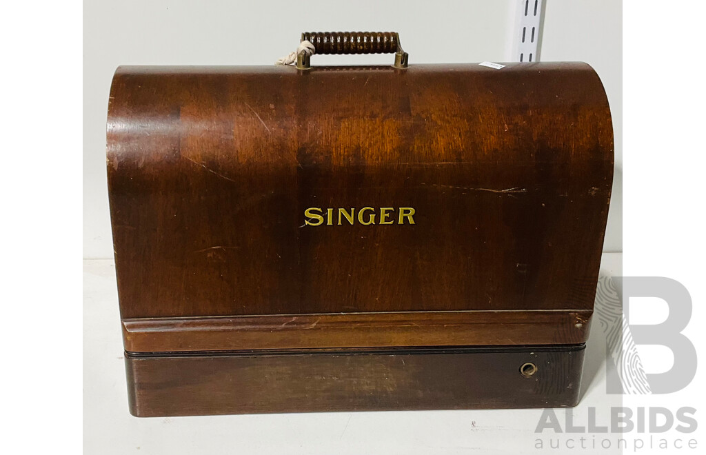 Vintage Electric Knee Lever Singer Sewing Machine with Curved Bentwood Hard Case and Key