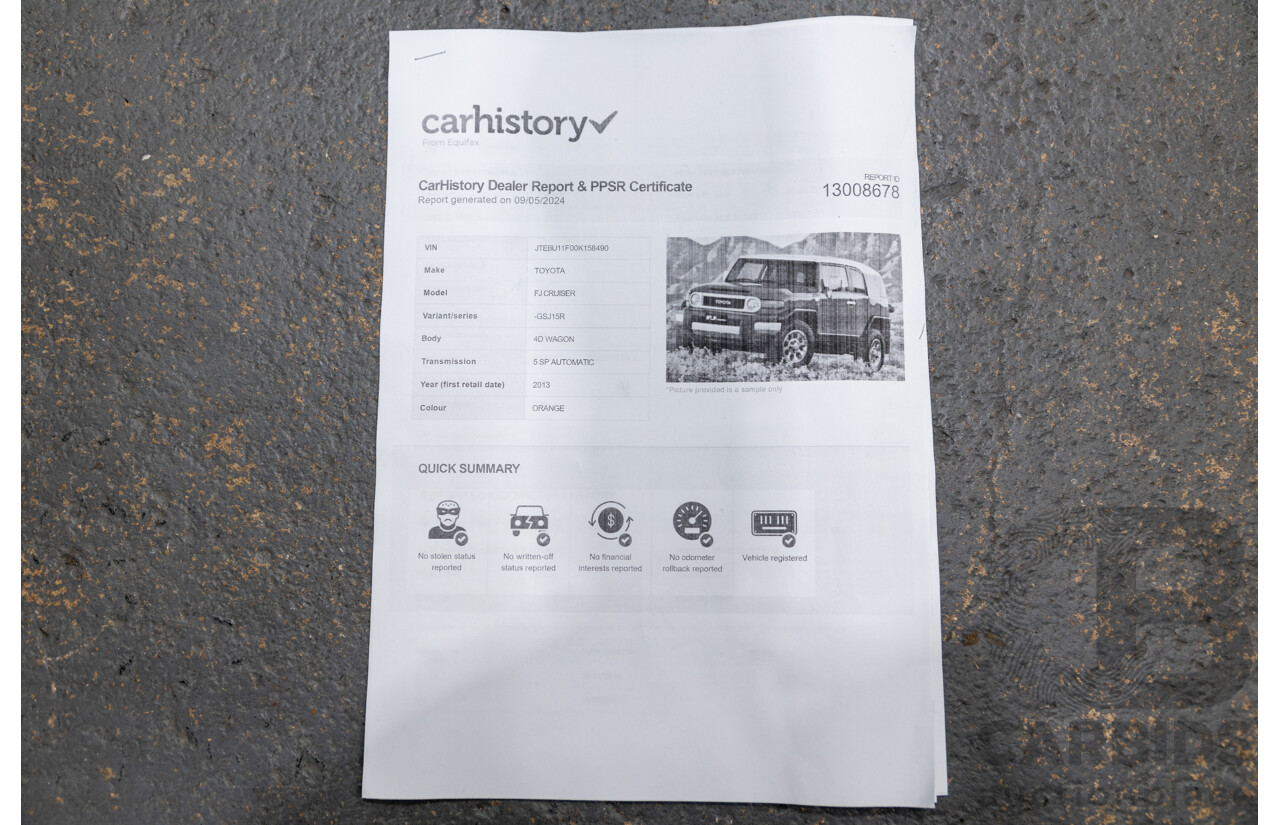 12/2012 Toyota Fj Cruiser (4x4) GSJ15R 4d Wagon Orange Clay V6 4.0L