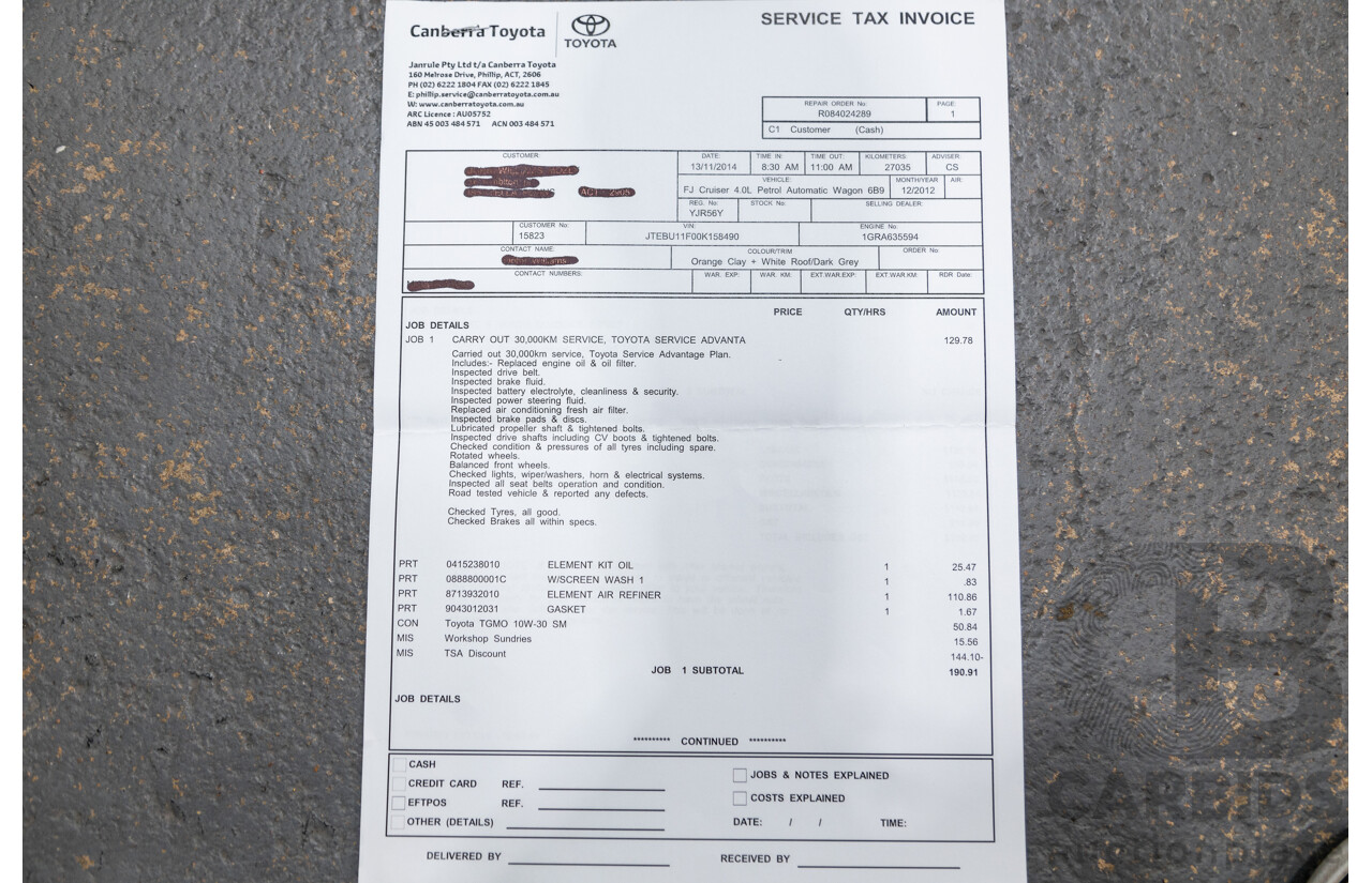 12/2012 Toyota Fj Cruiser (4x4) GSJ15R 4d Wagon Orange Clay V6 4.0L